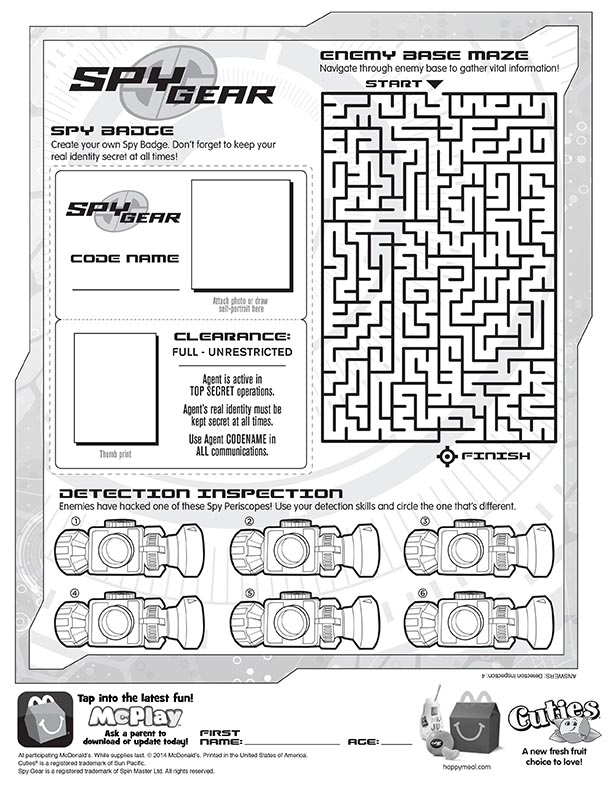 Mcdonalds happy meal coloring and activities sheet â spy gear â kids time