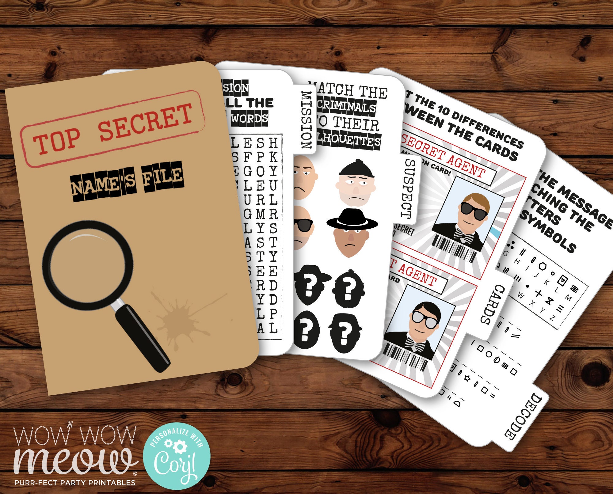 Secret agent spy activity games file booklet editable instant download detective birthday party printables photo personalize wcbk
