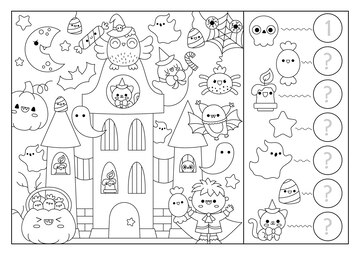 Premium vector vector black and white halloween searching game with haunted house and kawaii characters spot hidden objects say how many simple autumn holiday seek and find counting coloring page