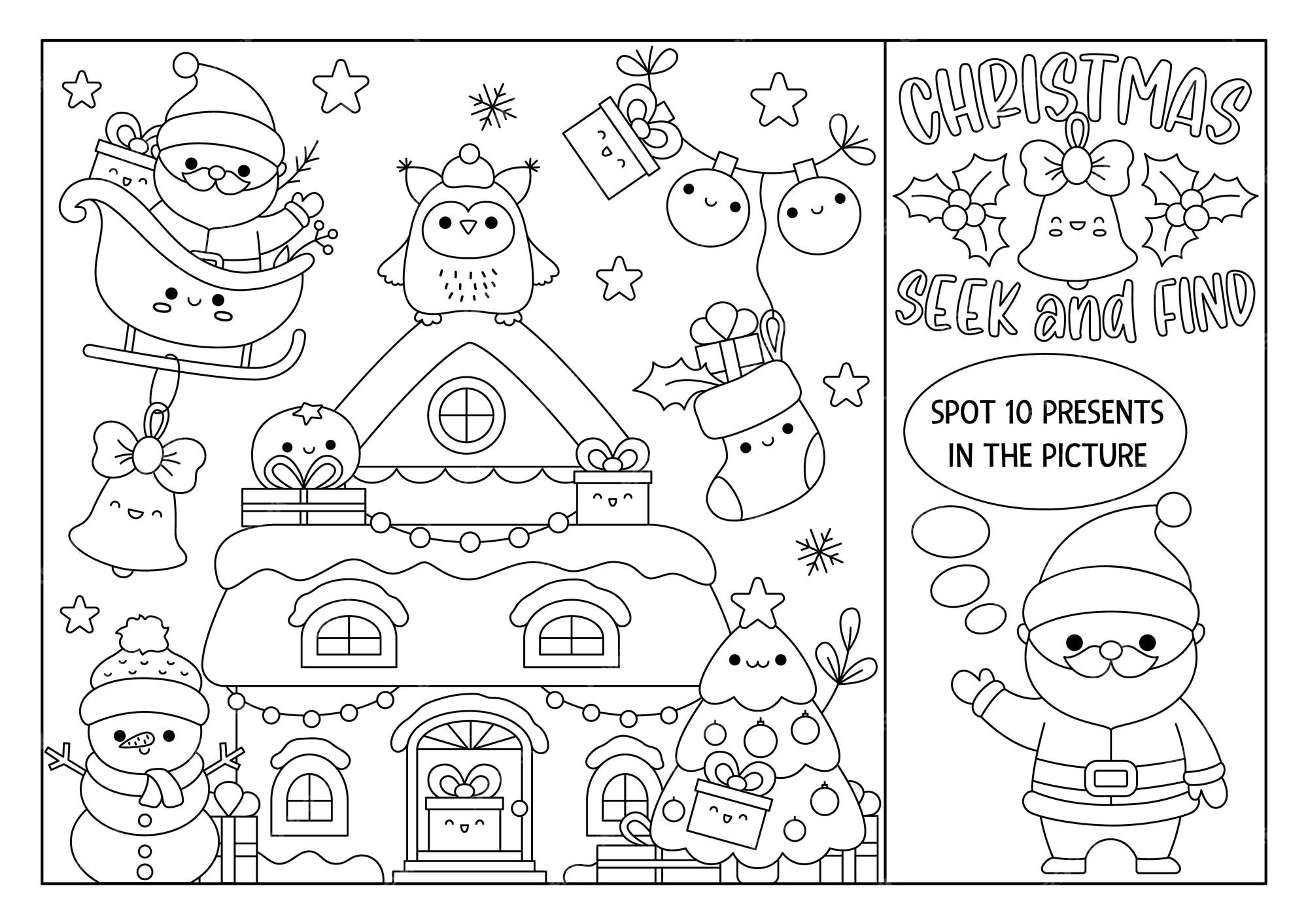 Premium vector vector christmas black and white searching line game with decorated house and kawaii characters spot hidden presents in the picture simple winter holiday seek and find coloring page