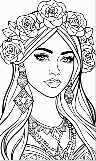 Happy weathered gypsy woman playing banjo cartoon coloring book long face