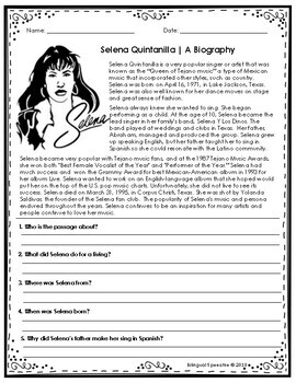 Hispanic heritage month selena quintanilla editable reading prehension