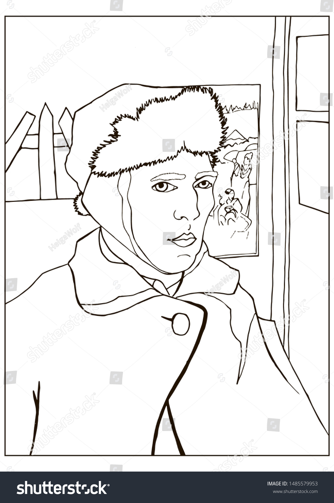 Coloring page selfportrait bandaged ear based stock illustration