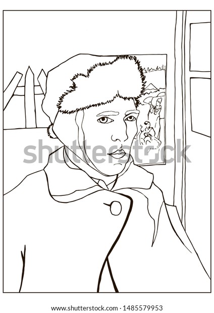 Coloring page selfportrait bandaged ear based stock illustration