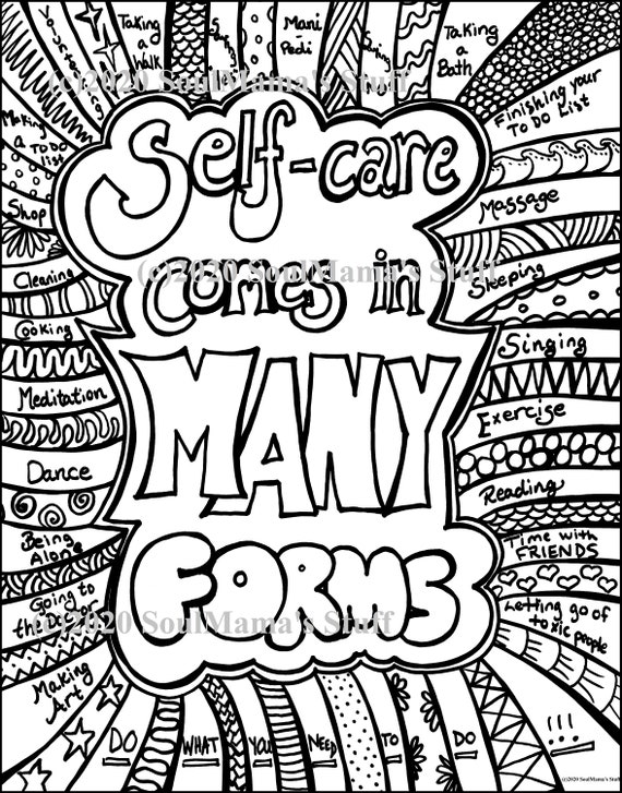 Self care es in many forms coloring page digital download pdf adult coloring anti