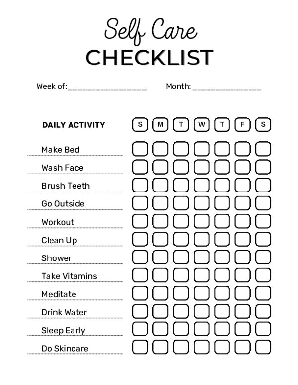 Free printable self care checklist template