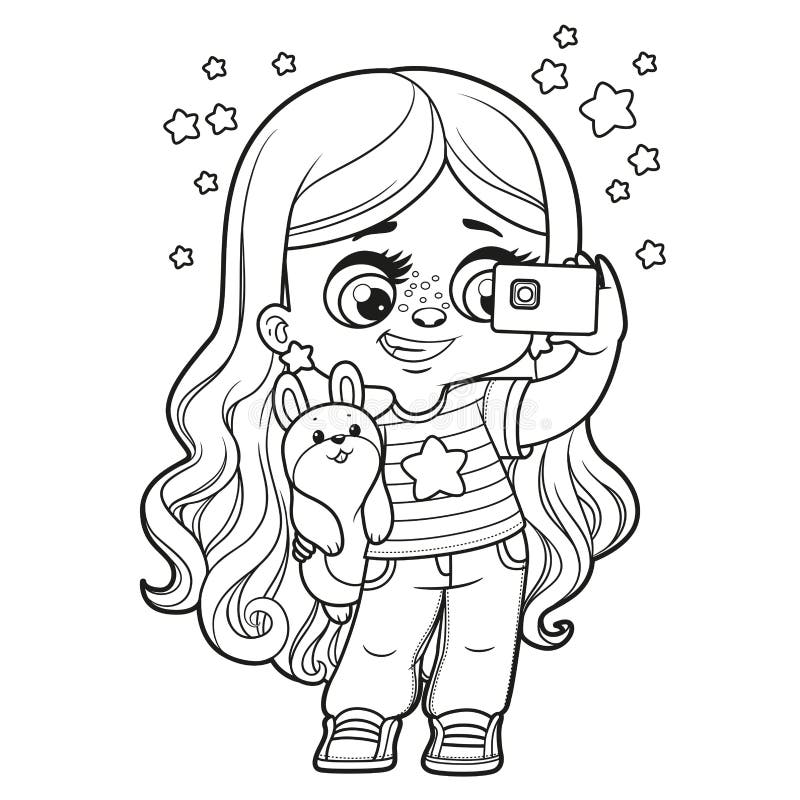 Cute cartoon long haired girl taking a selfie with smartphone outlined for coloring page on white stock vector