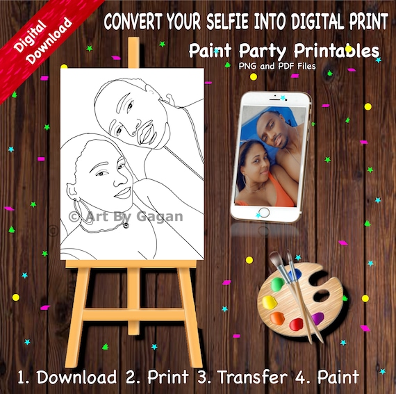 Paint your selfie digital image custom canvas printable paint and sip coloring page paint party pre