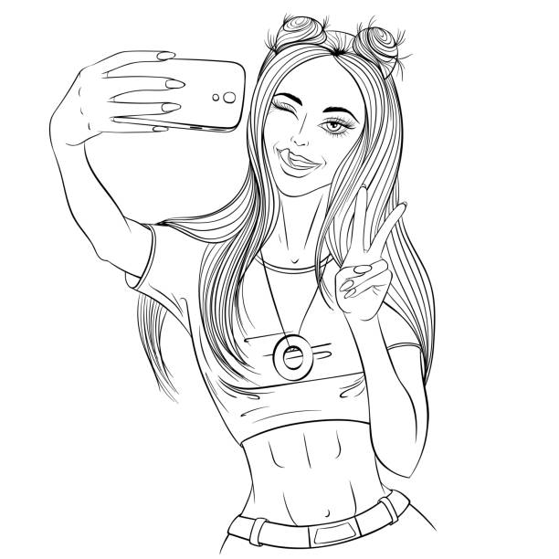 Winking girl taking selfie stock illustration