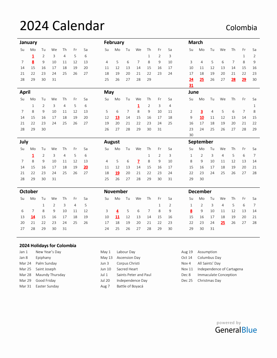 Standard holiday calendar for with colombia holidays