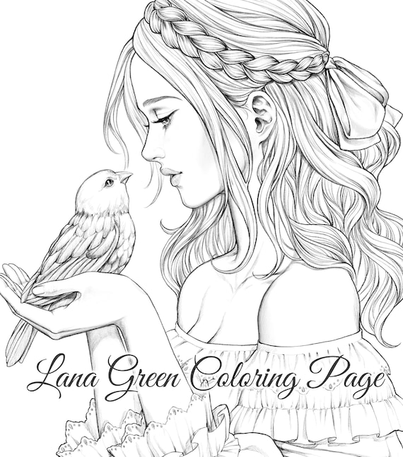 Birdy coloring page for adults grayscale coloring page instant download lana green art jpeg pdf