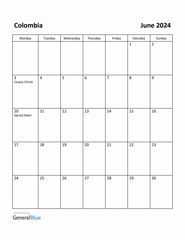 Free printable june calendar for colombia