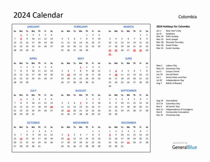Colombia calendar with holidays