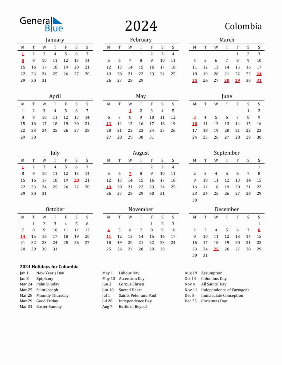Free colombia holidays calendar for year