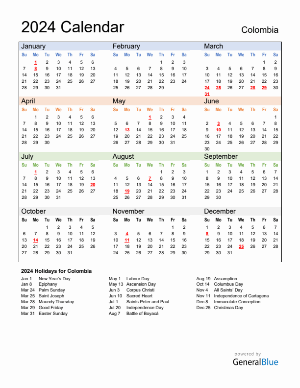 Colombia calendar with holidays