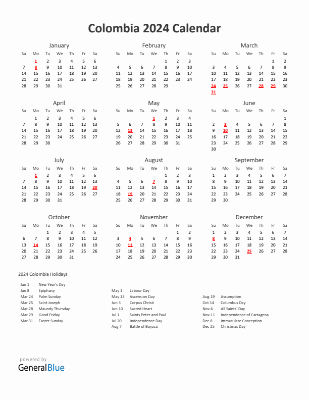 Colombia calendar with holidays