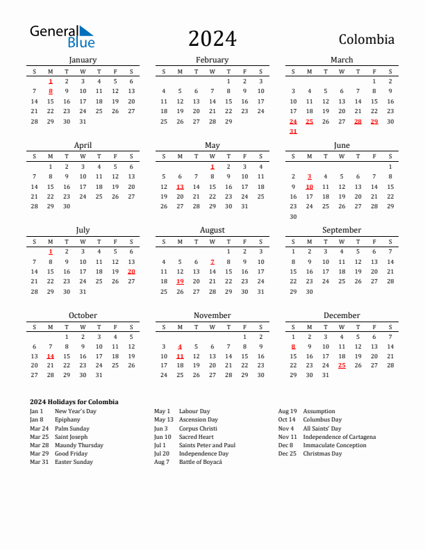 Colombia calendar with holidays