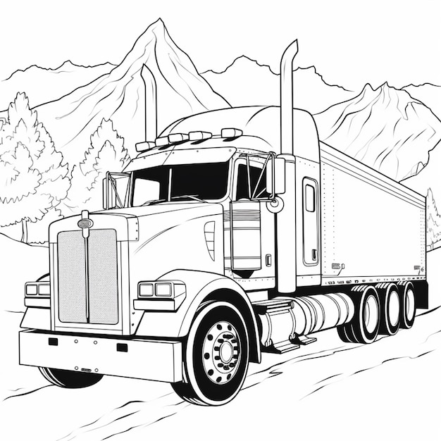 Premium ai image a coloring page of a semi truck with a mountain in the background generative ai