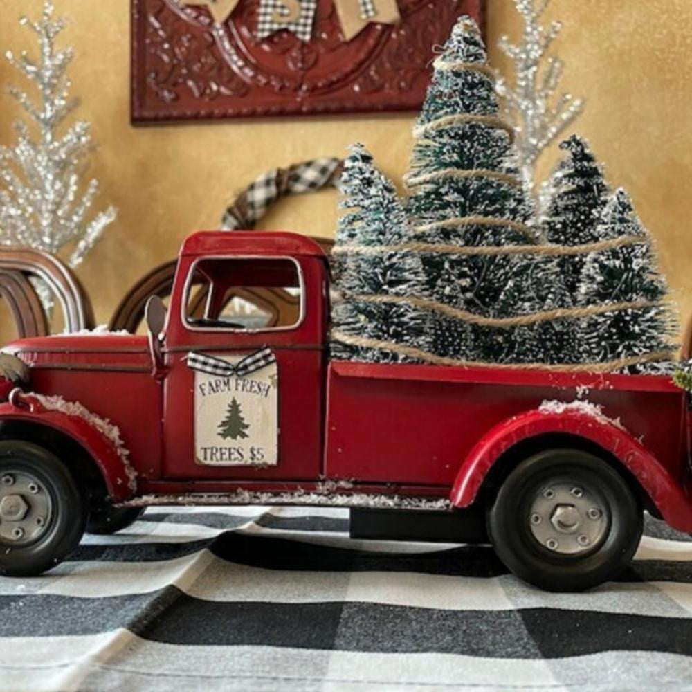 Red christmas truck centerpiece little red truck christmas decor with mini christmas trees and led string lights red metal pickup truck car model for christmas decorations table top decor