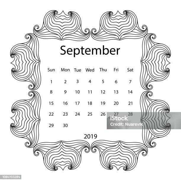 Adult coloring page with monthly calendar of year isolated on white background drawing doodles frame stock illustration