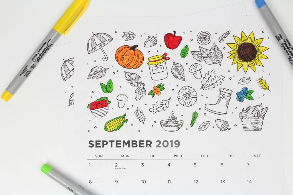 Printable september calendar coloring pages