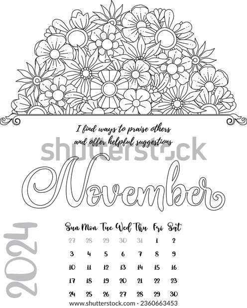 Mandala affirmation calendar coloring page november stock vector royalty free