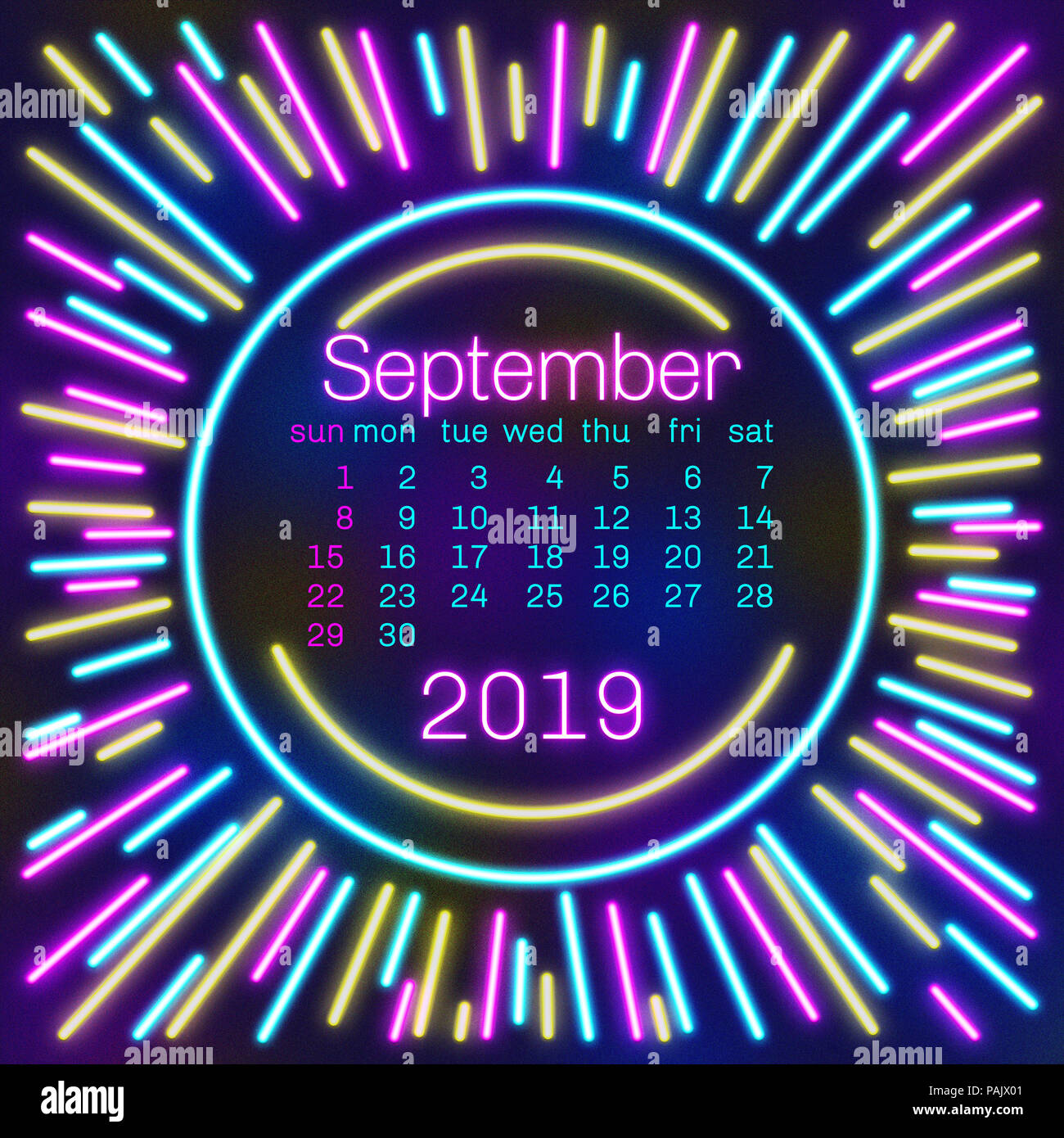 September calendar page in neon effect style poster for concept typography design flat color week starts on sunday happy new year stock photo
