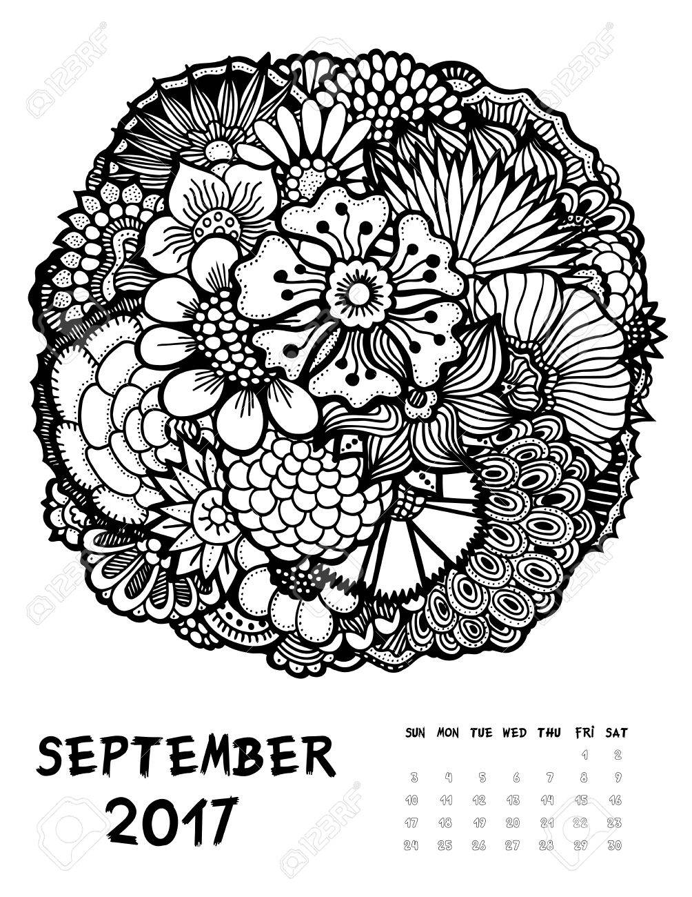 September calendar line art black and white illustration flower set print anti