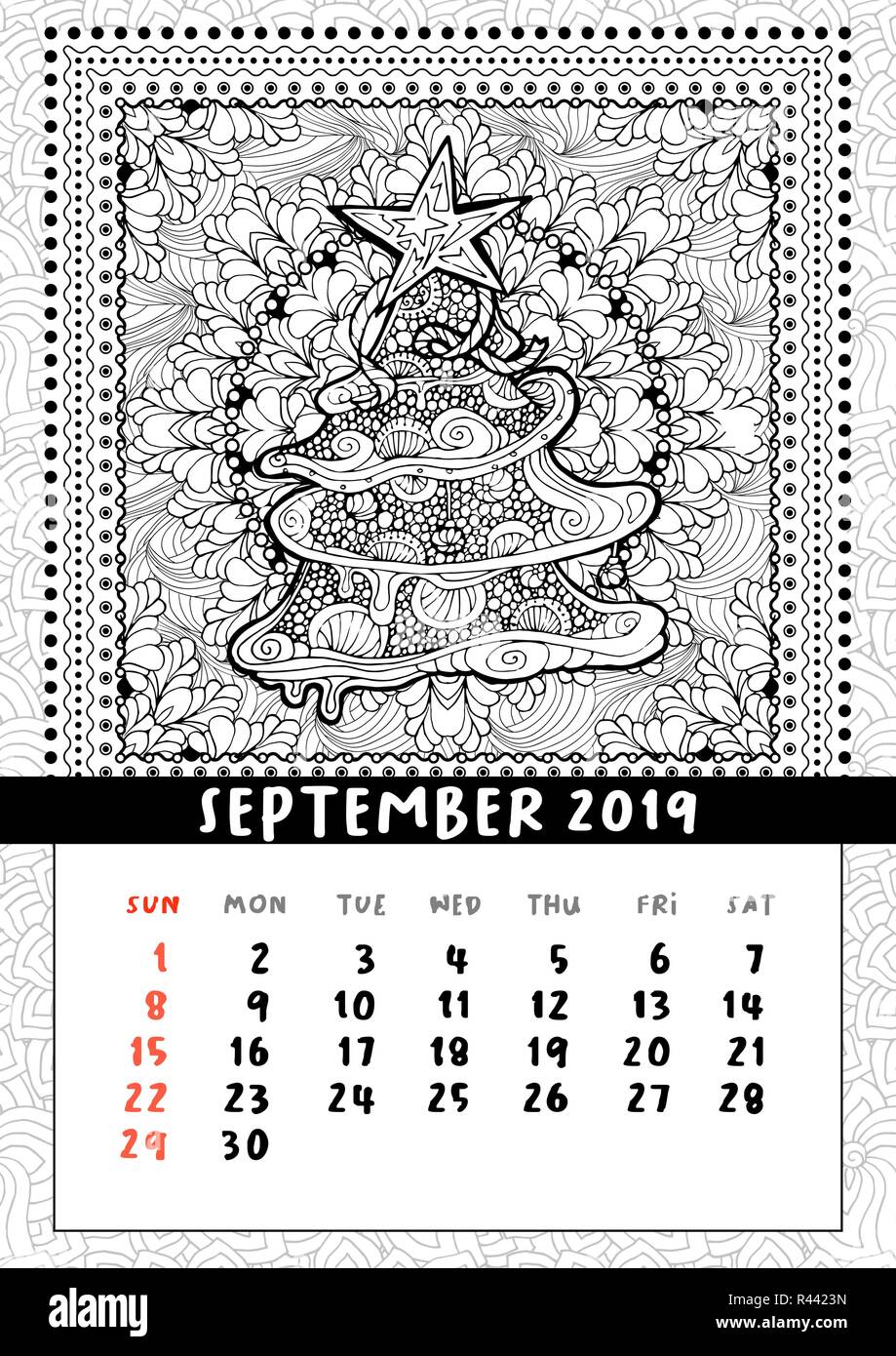 Christmas tree doodle pattern calendar september traditional christmas and new year symbol in coloring book poster layout handdrawn festive illustration in line art style vector stock vector image art