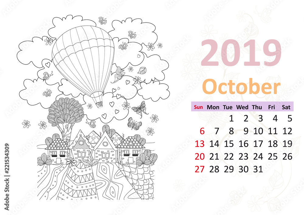 Happy coloring page calendar for october vector de