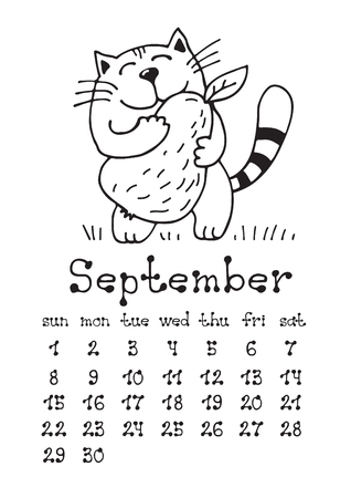 Calendar page with cute doodle cat isolated on white background wall monthly calendar or desk calendar september month hand drawing style royalty free svg cliparts vectors and stock illustration image
