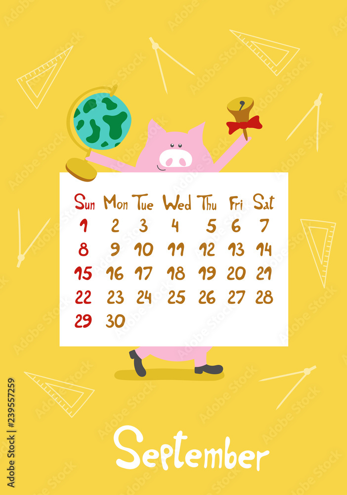 Cute cartoon pink pig the symbol of chinese year calendar graphic design yellow color page