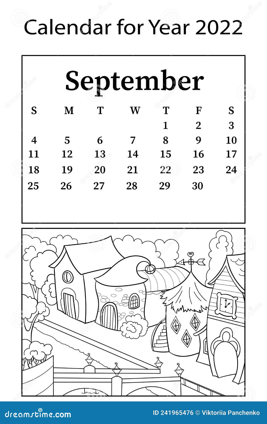 Calendar for month of september vector coloring book children houses for gnomes city street stock vector