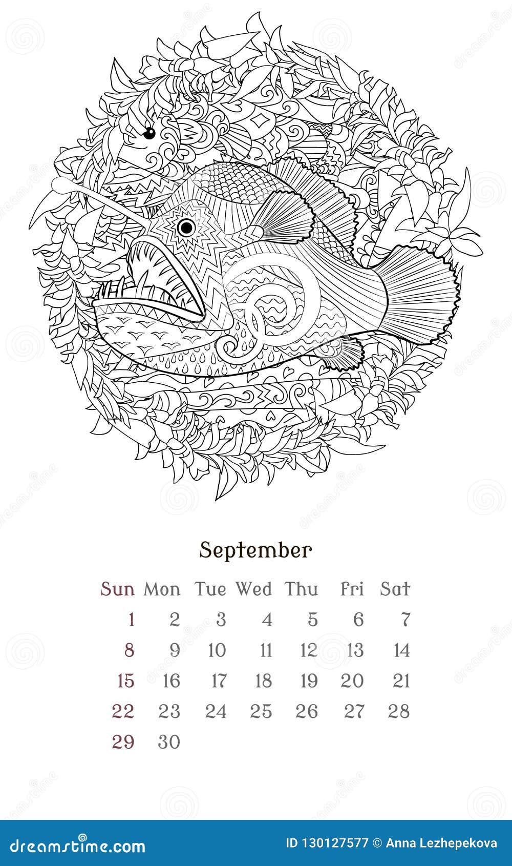 Sea anti stress coloring page for calendar stock vector