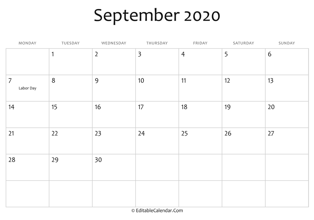 September printable calendar with holidays