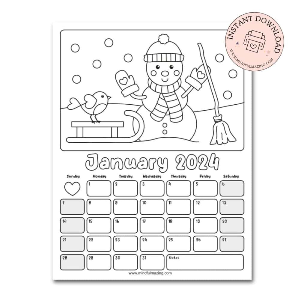 Free printable coloring calendar for kids in â