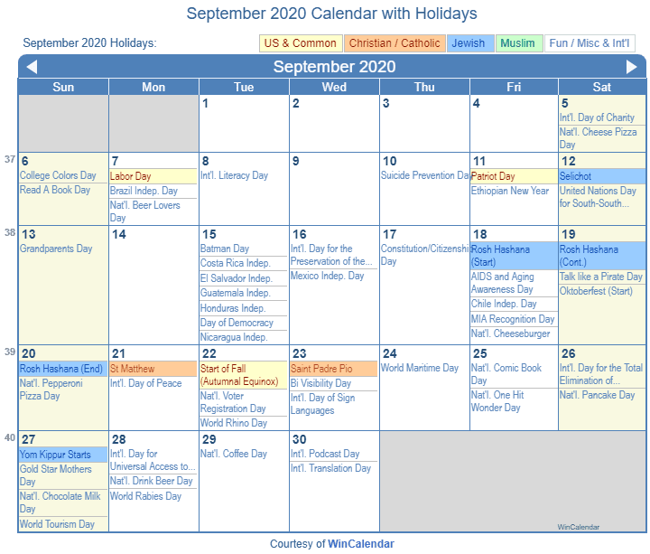 September calendar with holidays