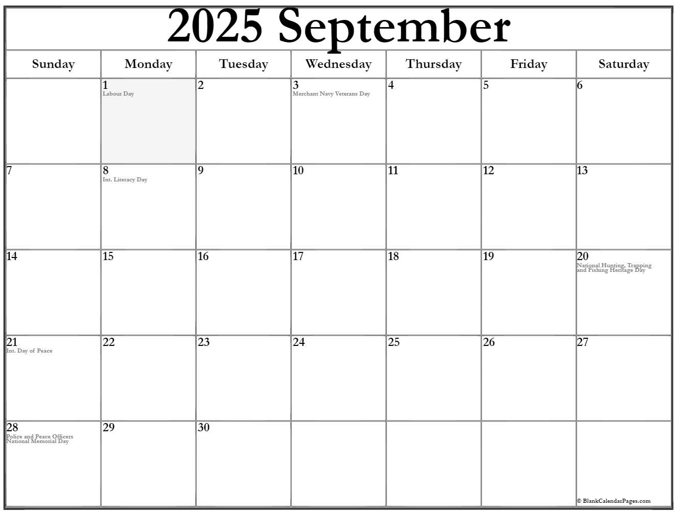 September with holidays calendar