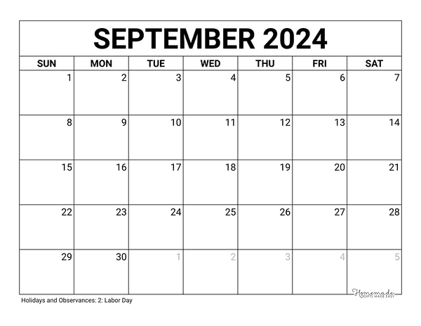 September calendar free printable with holidays