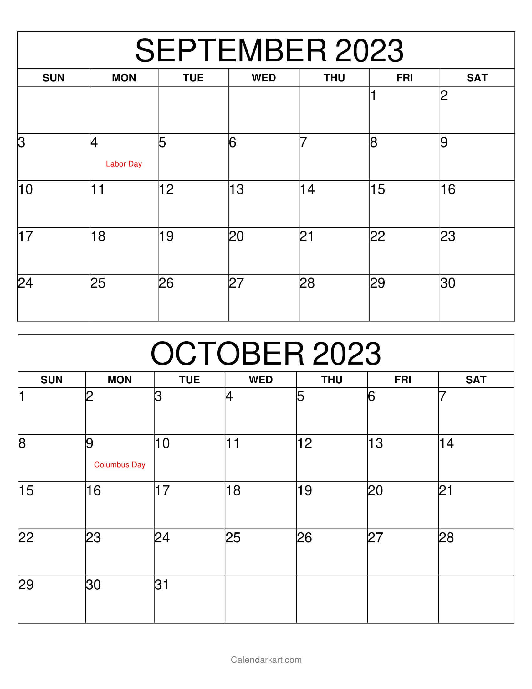 Free printable september october calendar