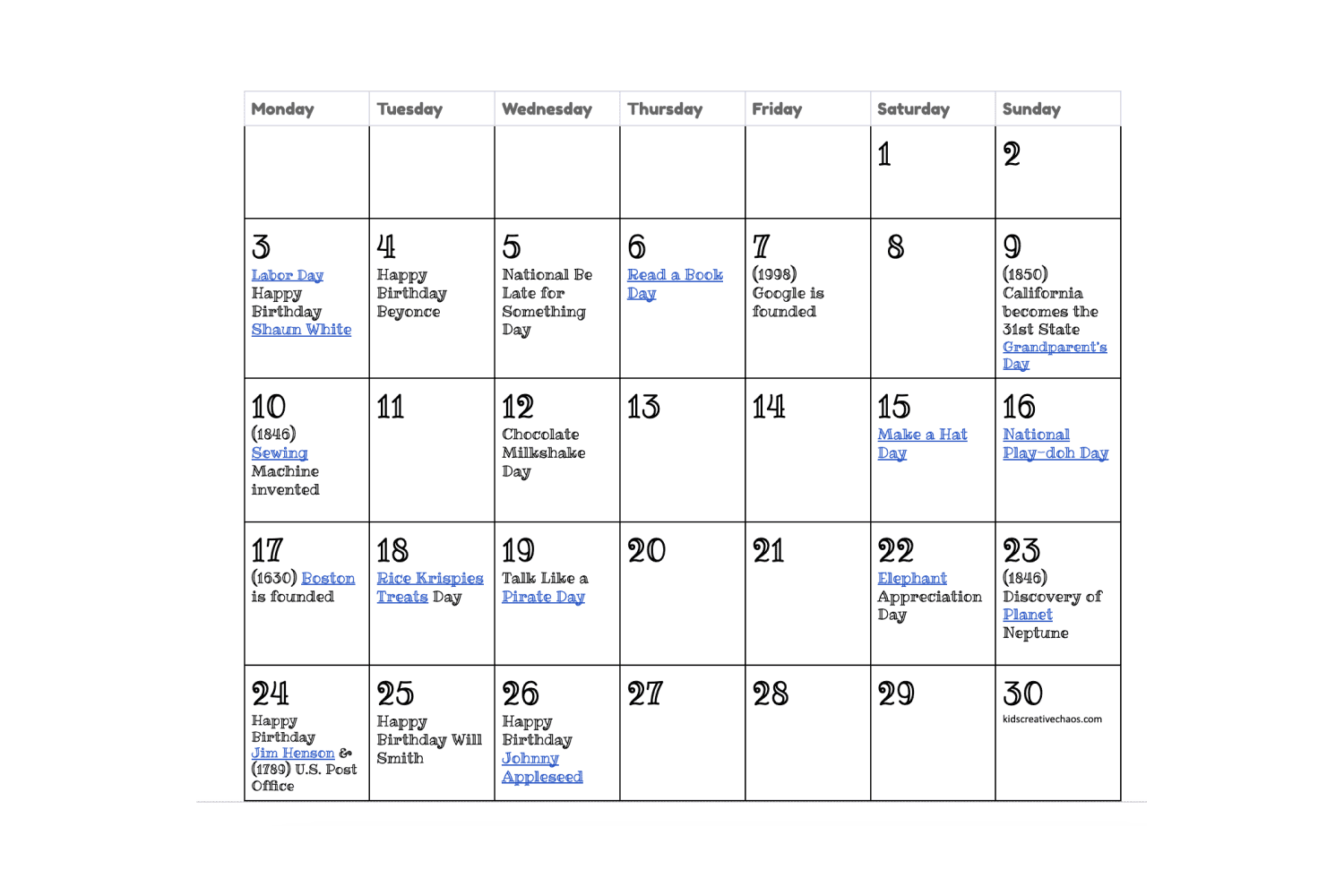 Printable september calendars free premium