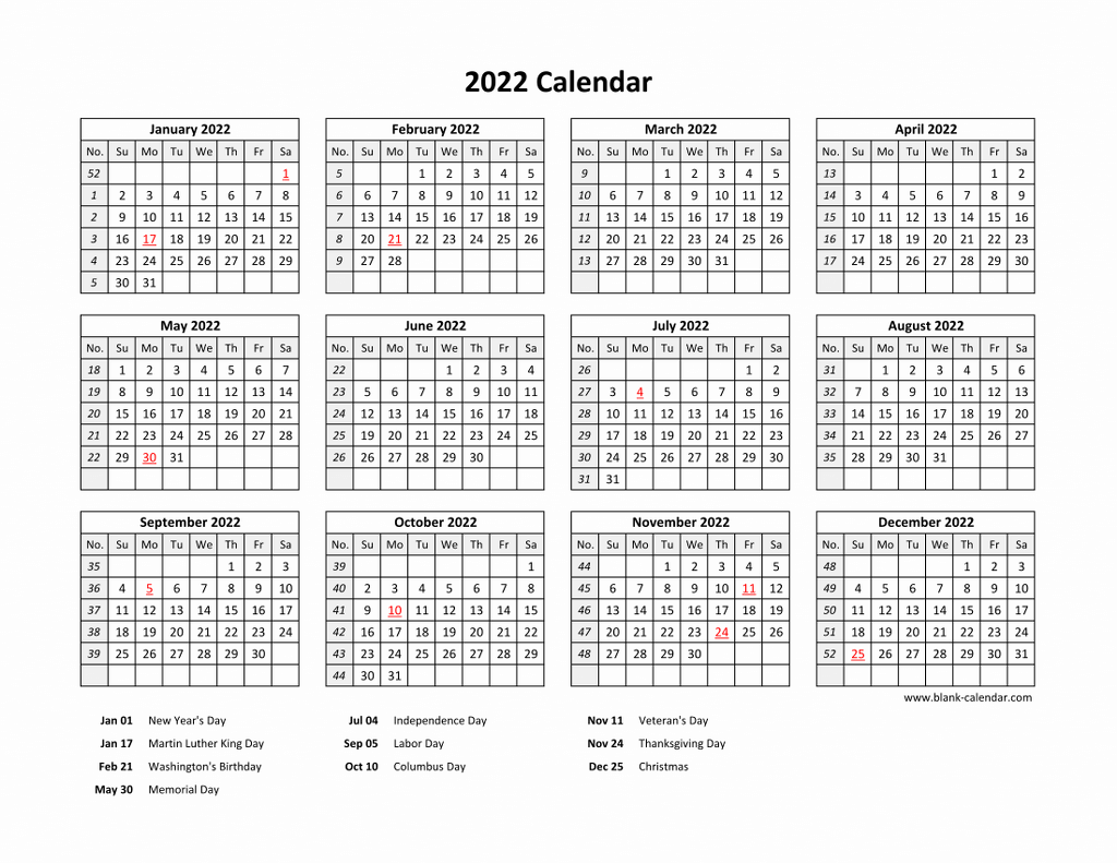 Free download printable calendar with us federal holidays one page horizontal