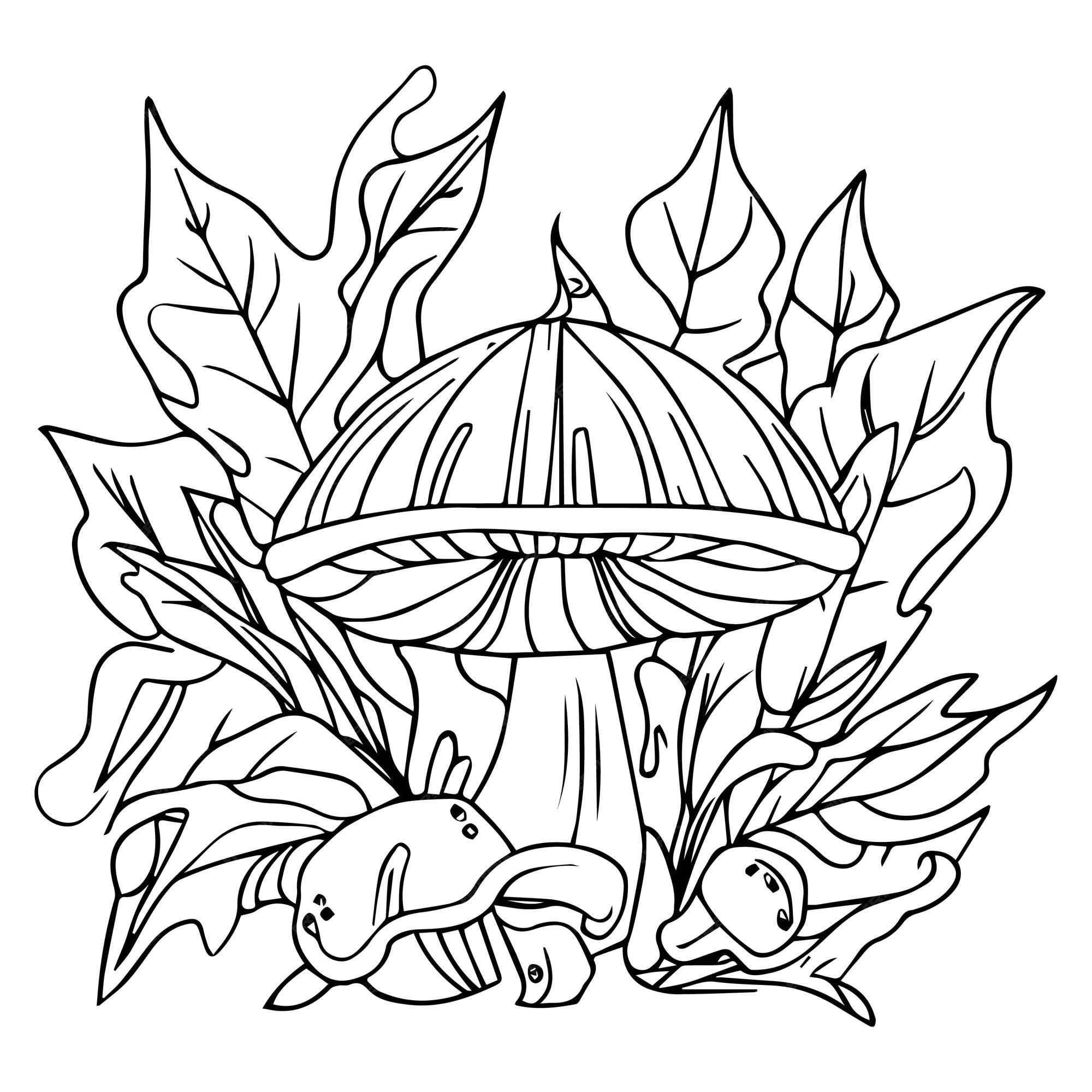 Premium vector hand drawn autumn falling with mushrooms coloring pages september fall coloring sheet for children