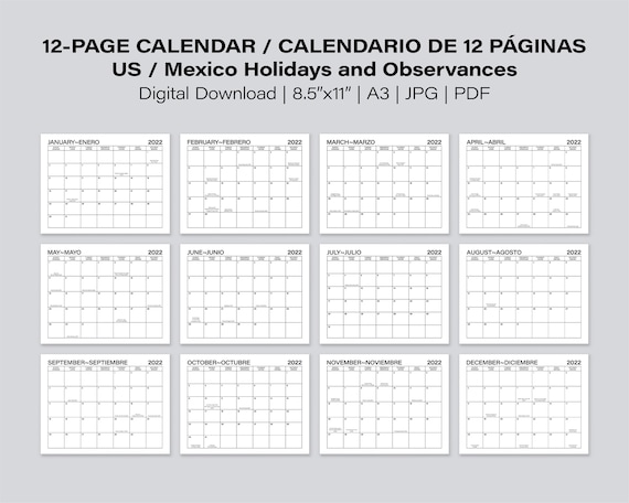 Printable bilingual monthly calendar calendario inglãs