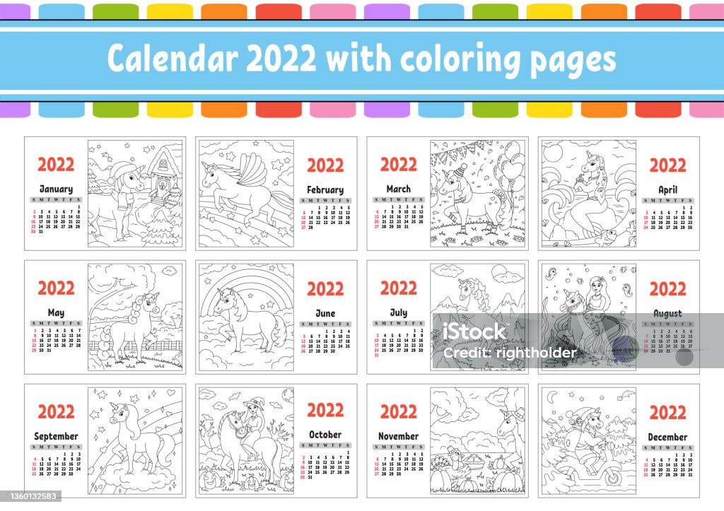 Calendar for with a cute character fairy unicorn coloring page fun and bright design isolated color vector illustration cartoon style