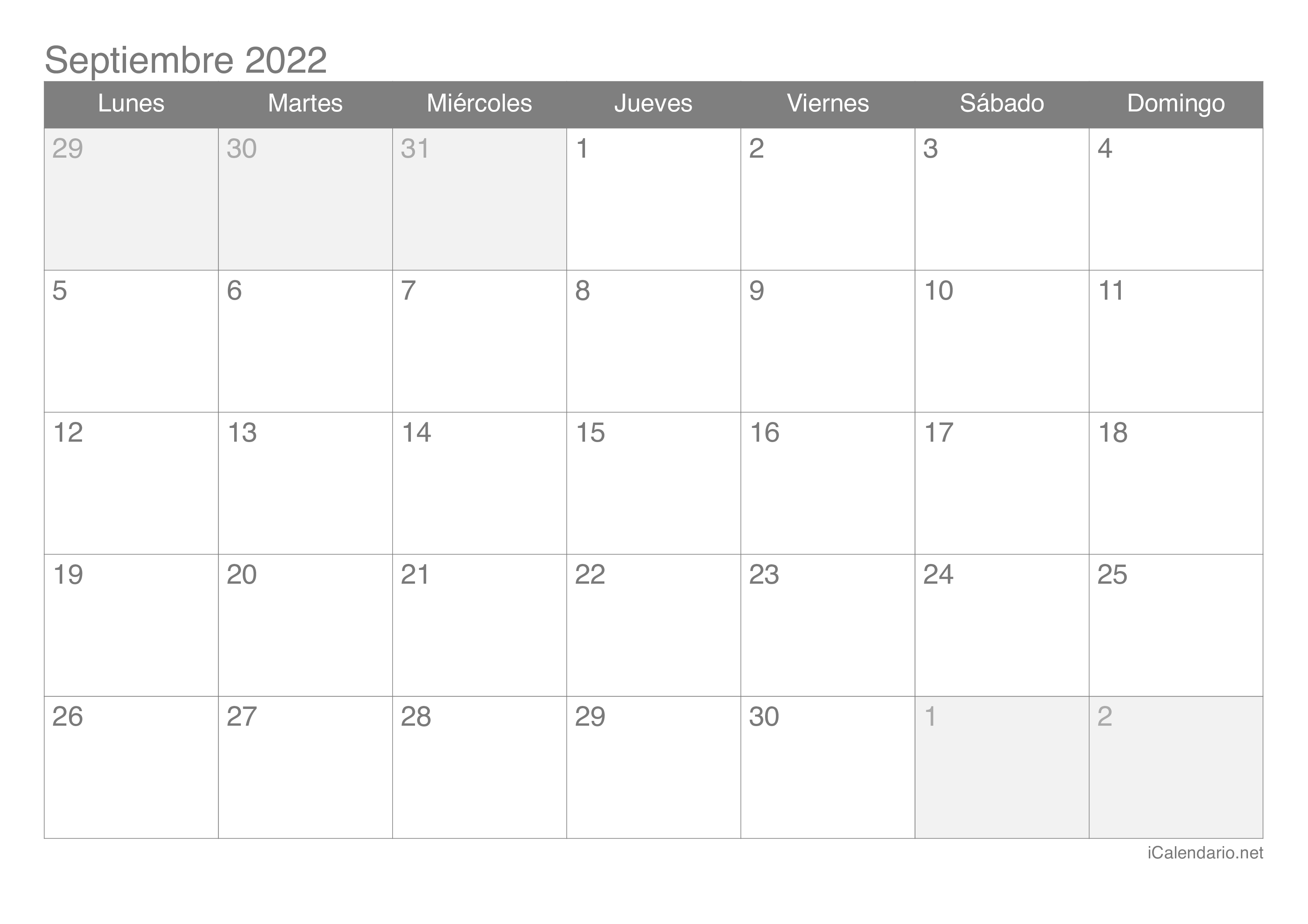Calendario septiembre de para imprimir