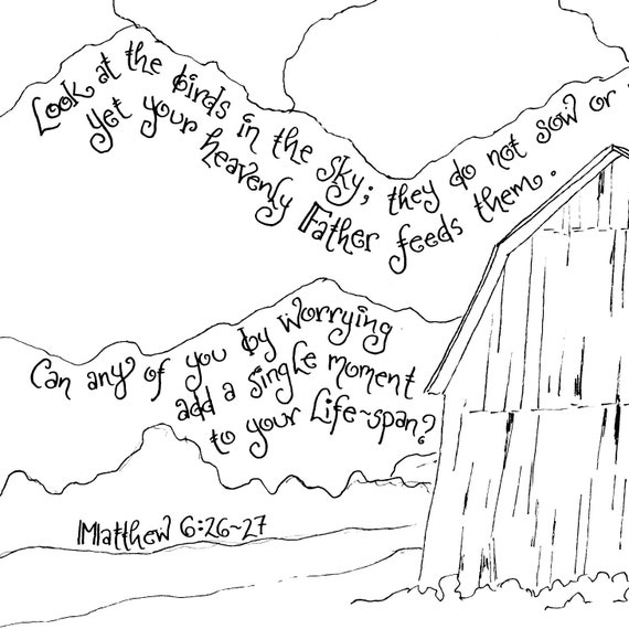Printable matthew with old barn birds sermon on the mount scripture art coloring page for grownups encouragement sympathy