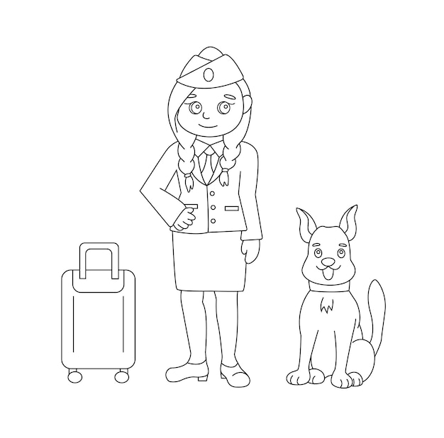 Premium vector childrens coloring page with customs officer and service dog vector illustration