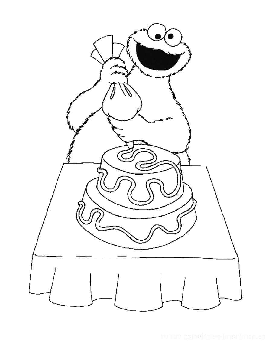Cookie monster is making birthday cake coloring page