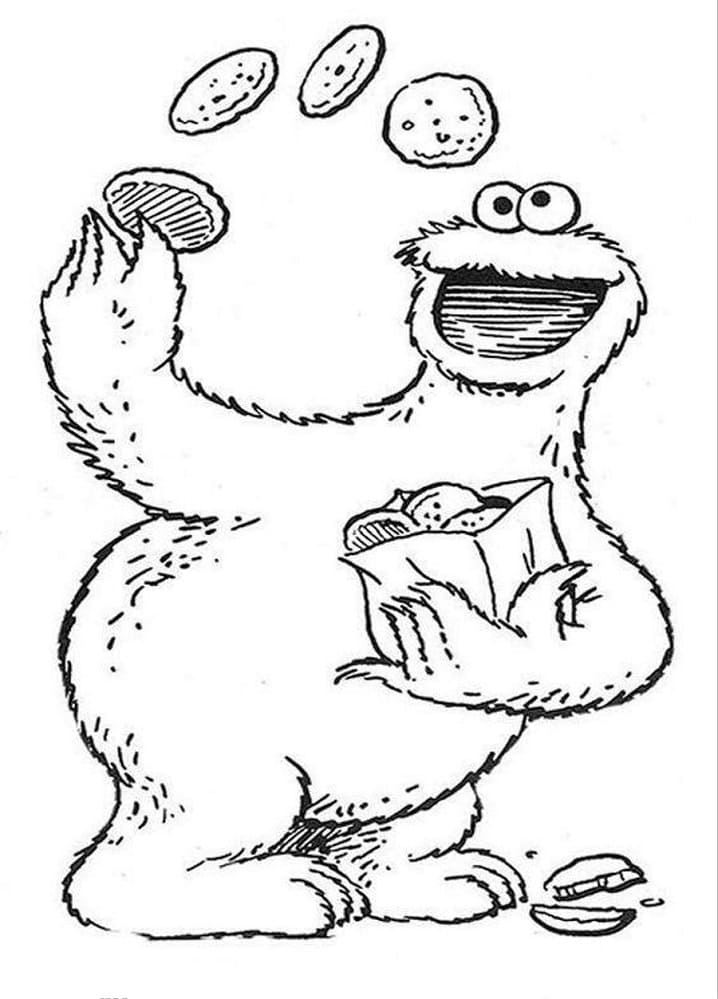 Cookie monster eats cookies coloring page